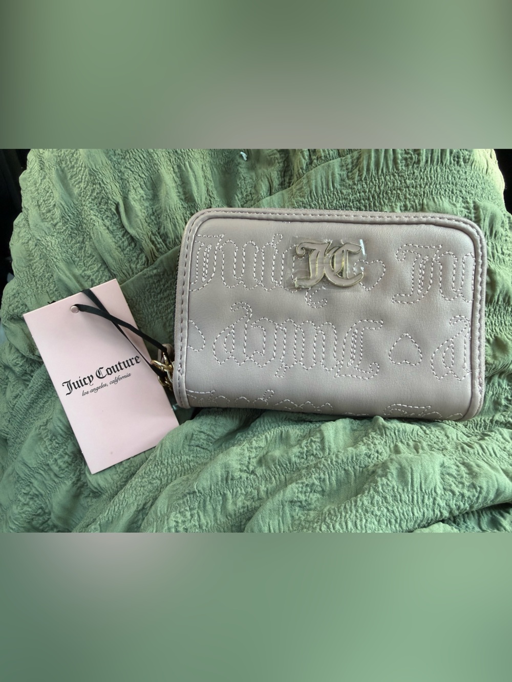 Juicy Couture Light Gray Quilted Logo Wristlet Wallet with Gold JC Emblem